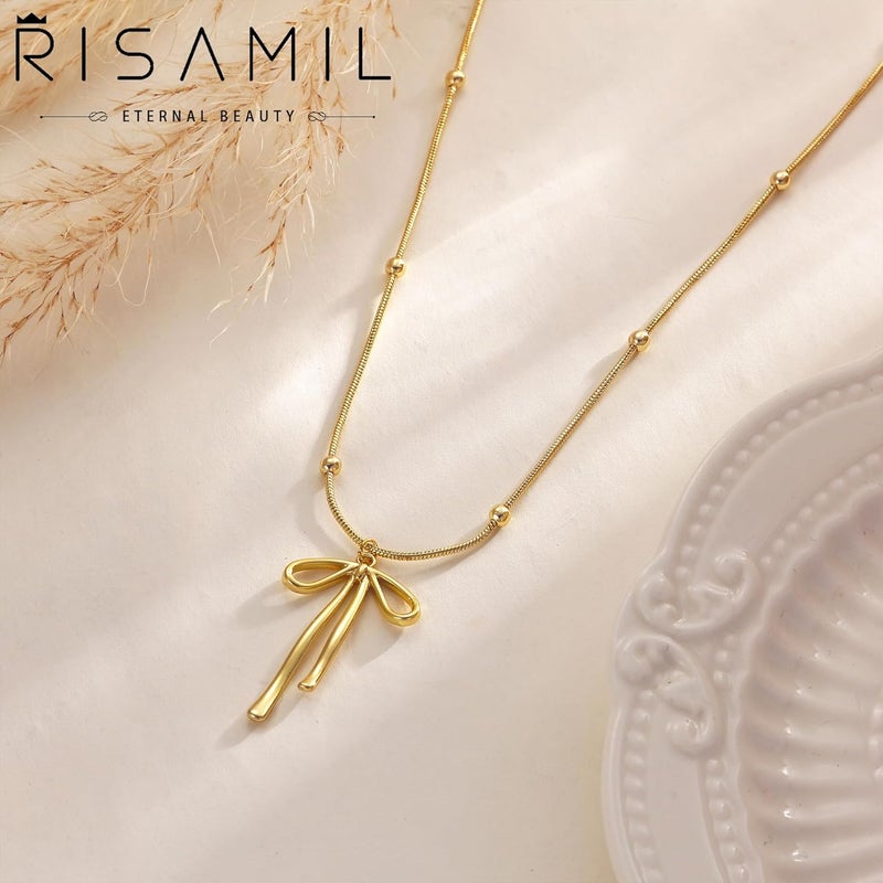 Risamil Store 14K Gold Plated Necklace for Women - Bow Necklace - Dainty Necklace Cute Small Tiny Bow Pendant Choker Chain Necklace Trendy Necklaces for Women Jewelry Gift - Image 4